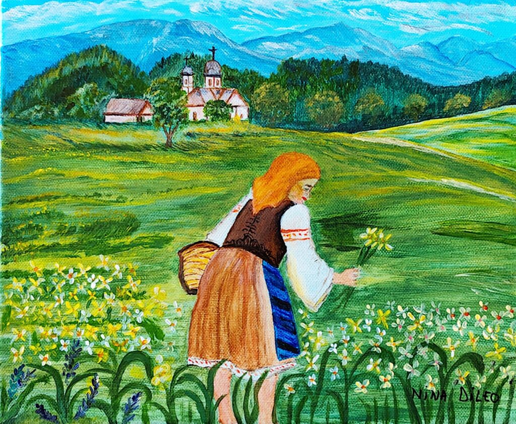 Ragazza che coglie Sânziane - Tela - 24x30 - (2025)